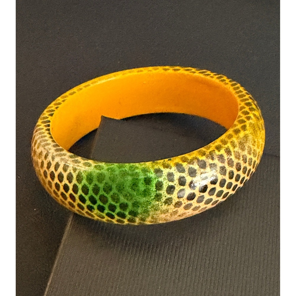 Vintage Bangle Bracelet Acrylic Snakeskin Print Chunky Yellow